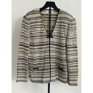 St John Evening Knit Jacket Sz 8 Black Ivory Striped Sequin Zip Sparkle Bows